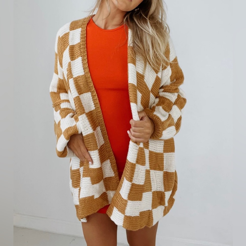 Miss Love Checkered Print Loose Knit Oversized Cardigan